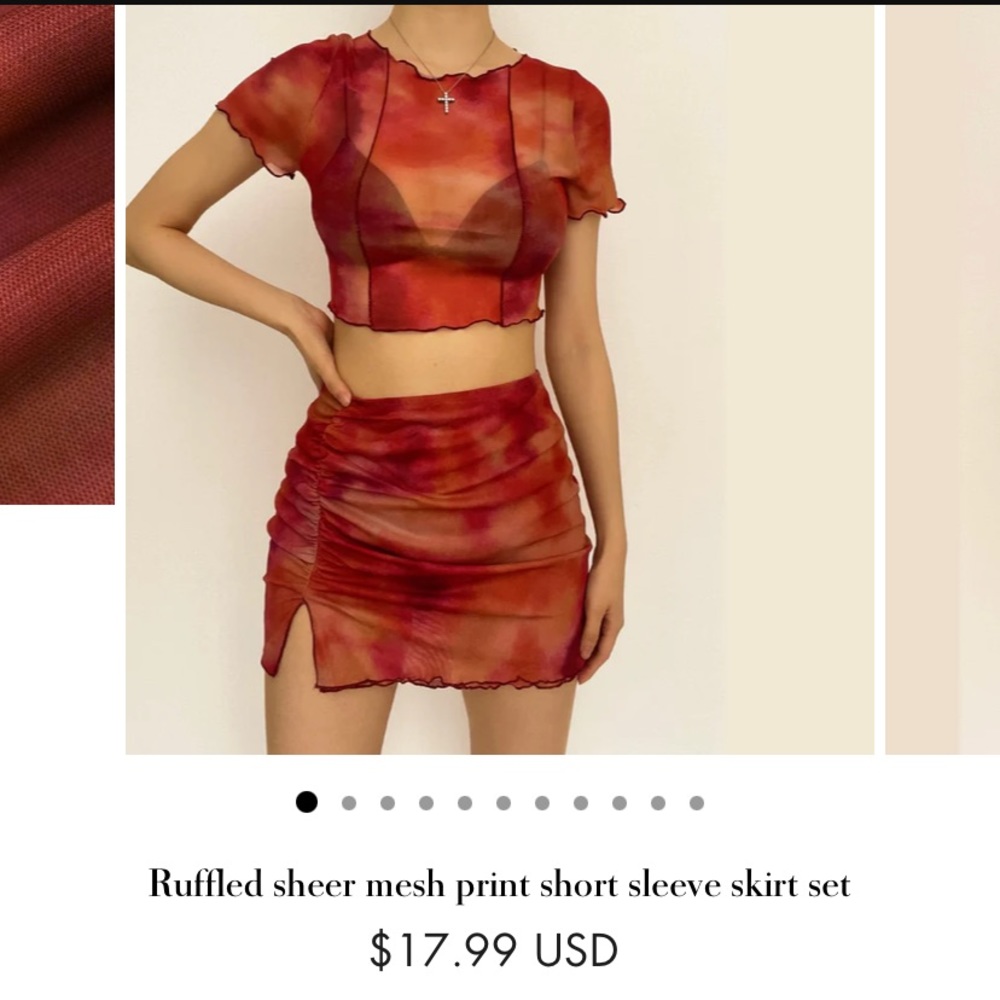 Ruffled sheer mesh print short sleeve skirt set